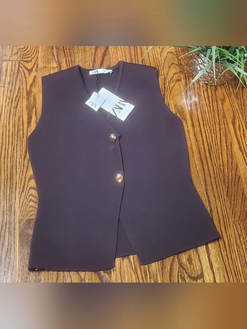 Zara NWT Basic Knit Gold Button Top Browm Size M - Picture 12 of 16